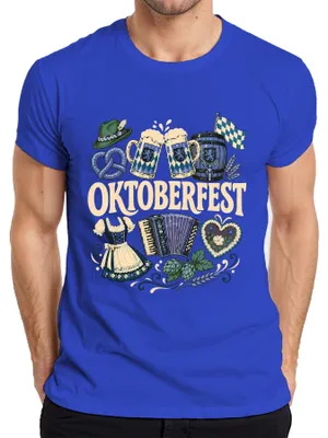 Immagine prodotto di , Wiesn, boccale di birra, abito tradizionale (Dirndl), pretzel, Baviera, cuore, pantaloni tradizionali da uomo (Lederhose), maglietta da uomo, blu, taglia L