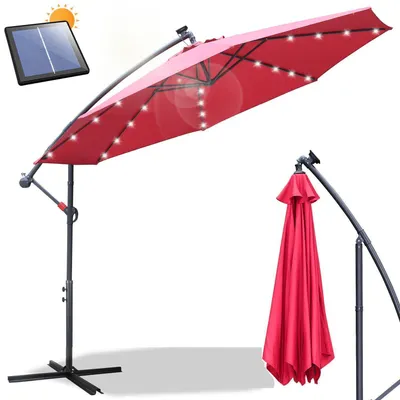 Immagine prodotto di Ombrellone da giardino con manovella, diametro 300 cm, colore rosso, con luci LED solari, resistente all'acqua, inclinabile