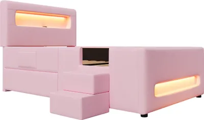 Produktbild von Merax Polsterbett Kinderbett 90x200 cm mit LED-Lichtleisten, Treppe, Schublade und Aufbewahrungstaschen, Plattformbett, Jugendbett, Flachbett, Rosa