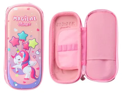 Image de Trousse à crayons rose avec licorne 3D, deux compartiments