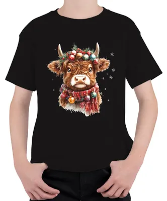 Produktbild von Highland Kuh Weihnachtskranz Weihnachtskugeln Schal Schneeflocken Kinder T-Shirt, Schwarz, 104