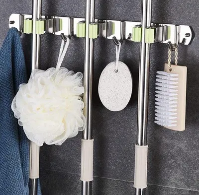 Produktbild von Selbstklebender Besenhalter Organizer mit 3 Haken und 4 Haken - für Küche, Badezimmer, Garten, Garage, grün