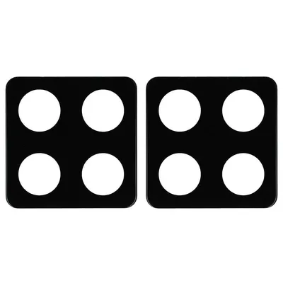 Two black square camera lens protectors, each with four circular cutouts, are shown against a white background.