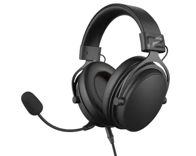 A black gaming headset with a microphone is shown against a white background.