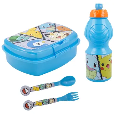Produktbild von Pokemon Pikachu Kinder 4 teiliges Set Brotdose Trinkflasche Messer und Gabel