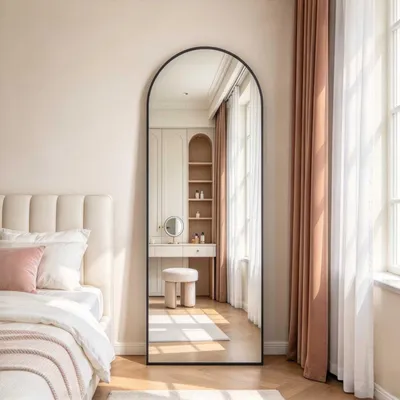 Productafbeelding van INONEFT Ganzkörperspiegel, 180x80 cm, vloerspiegel met gebogen bovenkant, wandspiegel, grote spiegel voor slaapkamer, woonkamer, kleedkamer, goudkleurig