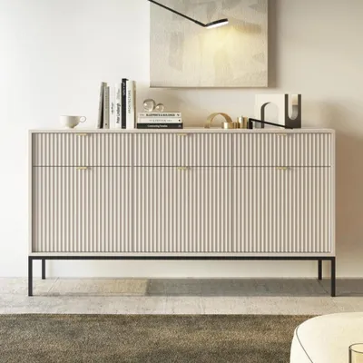 Produktbild von Sideboard Kioto 154 cm Kaschmir Beige & Schwarz – Rillenfront, Goldene Griffe, Soft-Close, Modern