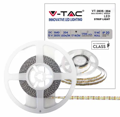 Immagine prodotto di V-TAC VT- 2835 Striscia 204 LED/m SMD2835 strip led 5M 17W/mt luce bianco caldo 3000k IP20 sku 212461