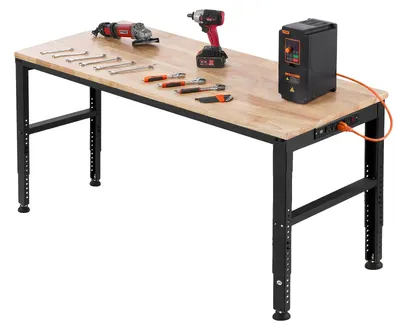 Produktbild von VEVOR Werkbank Höhenverstellbar, 183 x 64 cm Garagetisch mit 72 – 97 cm Höhen & 900KG Tragfähigkeit, mit Steckdosen & Holzplatte & Metallrahmen & Fußpolstern, für Büro Zuhause Werkstatt, 155x51x100 cm, Ohne Räder-c