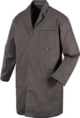 A gray work coat is shown against a white background.