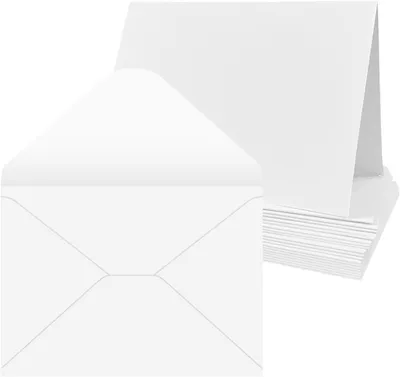 Imagen del producto de Juego de 20 tarjetas plegables blancas de 12,7 x 17,7 cm, con un gramaje de 300 g/m², y 300 sobres autoadhesivos de 100 g/m², ideales para invitaciones
