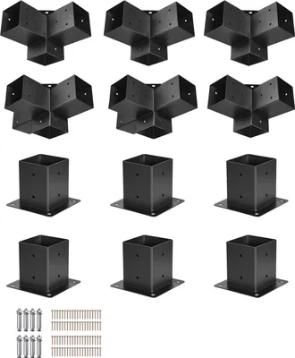 Image de SucceBuy Connecteur de poteau, support de poteau pour poteau avec une dimension intérieure de 92x92 mm, supports à 3 voies (4 pièces) & 4 voies (2 pièces) avec 6 supports de poteau, convient pour les pergolas et les pavillons