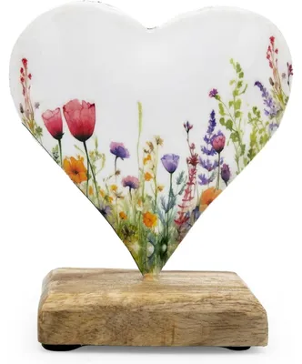 Produktbild von Herz-Aufsteller aus Metall & Mangoholz mit Blumenmotiv Bunt