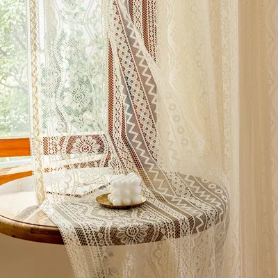 Kanten-Gardinen mit Blumenstickerei, beige, 2er-Set, 140x225 cm