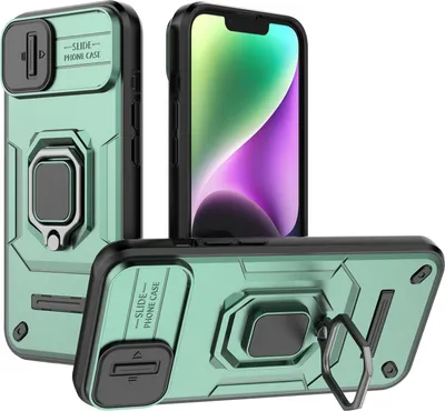 Produktbild von Hülle für iPhone 14 / iPhone 13 Dual Layer Handyhülle Schiebe Kamera Schutz und Ringhalter Ständer Grün
