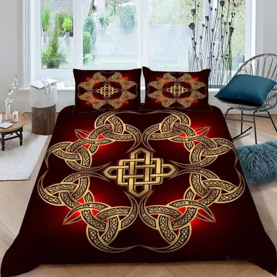 Zdjęcie produktu dla Komplet pościeli 220x240 cm, 3-częściowy, z mikrofibry, z zamkiem błyskawicznym, motyw Wikingów w 3D, złoty nadruk