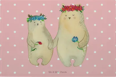 Produktbild von Mr. & Mrs. Panda Schneidebrett Aus Glas Bären mit Blumenkranz - Rot Pastell - Geschenk, Schneidplatte, Küchenbrett, Family, Kinder, Muttertag, Mama, Beste Freundin