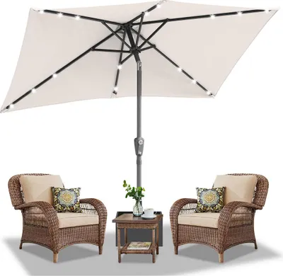 Produktbild von Faziango 140x210m Sonnenschirm UV50+ Neigbar Sonnenschutz Gartenschirm Strandschirm LED Solar, knickbar, Schirmtuch mit PA-Beschichtung, Beige
