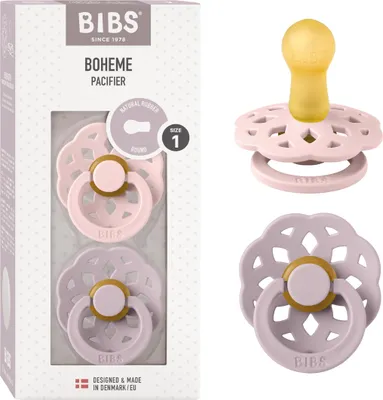 Produktbild von BIBS Boheme Schnuller 2er-Pack. BPA-frei. Kirschform Nippel, Größe 1 (0-6 Monate), Blossom/Dusky Lilac Blossom / Dusky Lilac 0+ Monate (2er Pack)