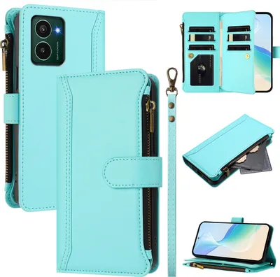 Image de Etui pour HMD Pulse Pro/Pulse Pro+, zippé, étui portefeuille en cuirPolyuréthaneavec pochettes pour cartes, support et dragonne vert menthe