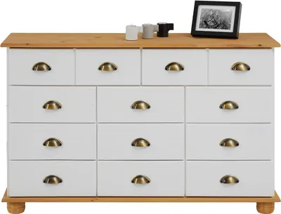Produktbild von Schubladenschrank COLMAR Weiß/Natur - Apothekerkommode mit Muschelgriffen aus Metall. 11 Schubladen, Sideboard im Landhausstil, Kiefer Massivholz