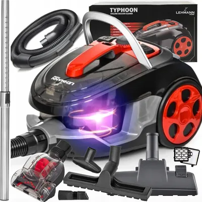A collage of a vacuum cleaner and its accessories, presented with marketing graphics.
