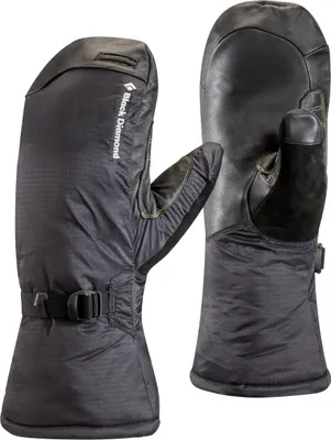Schwarze Aufstiegs-Handschuhe "Super Light Mitts" von Black Diamond; mit verstellbarem Riemen und gepolstertem Daumen.