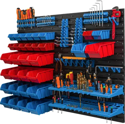Produktbild von 32 Stapelboxen Wandregal Kunststoff 115,8 x 78 cm Werkzeughalter Werkstatt Garage  Lagersystem Sichtlagerkästen Schütte