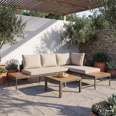 Produktbild von home24 Loungeset - 3-teilig - Webstoff / Akazie Massiv - Beige / Akazie Braun