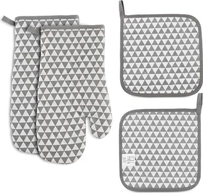 Produktbild von Ofenhandschuhe, Ofenhandschuhe, rutschfeste hitzebeständige Ofenhandschuhe aus Baumwolle, Küchenhandschuhe mit Aufhängeschlaufe, 1 Paar Ofenhandschuhe und 2 Topflappen, zum Grillen, Kochen und Pizza