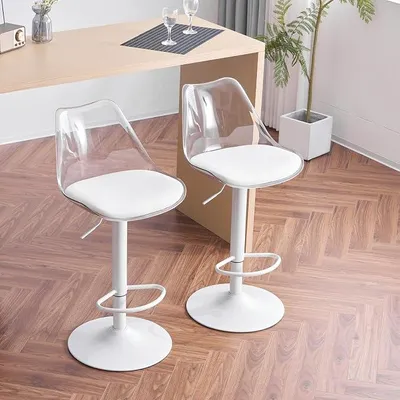 Imagen del producto de Juego de 2 taburetes de bar transparentes, con respaldo y reposapiés ajustables en altura, giratorios 360°, acolchados, taburetes modernos para cocina, comedor, barra y bar (blancos)