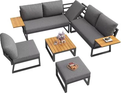 Image de Ensemble de mobilier de jardin avec table et banc - Ensemble de salon polyvalent pour 7 personnes, de couleur grise - coussins inclus