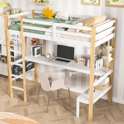 Zdjęcie produktu dla Łóżko piętrowe z biurkiem i półkami na książki, wymiary 90x200 cm, kolor biały