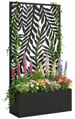Produktbild von Blumenkasten mit Sichtschutz Pflanzkasten mit Rankgitter tropischen Blattmotiven 61 x 23 x 113 cm Schwarz