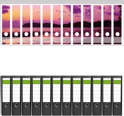 Produktbild von Wallario 12 Stück breite Ordner inkl. Klebeetiketten mit Motive Sonnenuntergang unter Palmen  Himmel in lila und orange -  Set mit Rückenschildern / Ordnerrücken Stickern