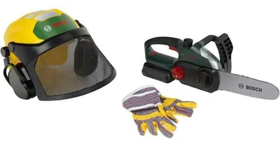 Obrázok produktu pre Sada Bûcheron Bosch Klein 8197, elektrická reťazová píla, prilba s vizierom a rukavice, hračka na hranie rolí, od 3 rokov
