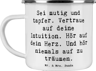 Produktbild von Mr. & Mrs. Panda Teetasse Spruch Mutig zu sich selbst stehen - Weiß - Geschenk, Emaille Tasse, Lebensmotto, Zuversicht, Campingbecher, Teebecher, Haferl, Inspiration