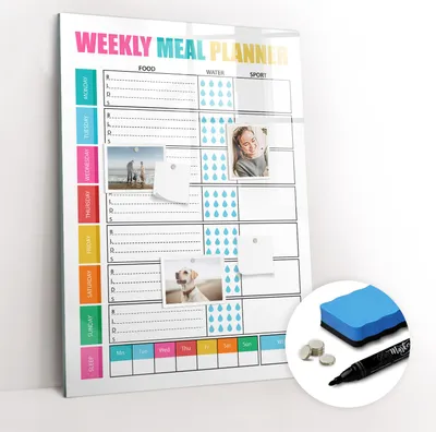 Produktbild von Magnetpinnwand Memoboard - Zubehörsatz - Schwarzer Marker + Schwamm + Magnete - 70 x 100 cm - Wöchentlicher Essensplaner