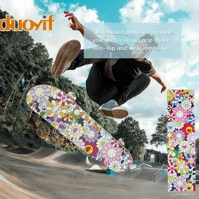 Obrázek produktu pro Griptape na skateboard a longboard – vzduchotěsný, protiskluzový, odolný proti opotřebení, motiv slunečnic, 84 x 23 cm