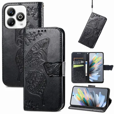 Produktbild von Für ZTE Blade A75 4G Kunstleder Wallet Handy Tasche Schmetterling Design Hülle Etuis Schwarz