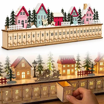 Produktbild von Adventskalender aus Holz 2026, befüllbarer Weihnachtsdorf Adventskalender mit 24 Schubladen, wiederverwendbar, Weihnachtsdeko für die Familie