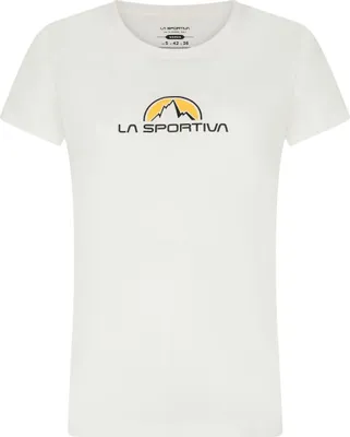 Weißes T-Shirt für Damen mit dem Logo von La Sportiva und Bergmotiv.