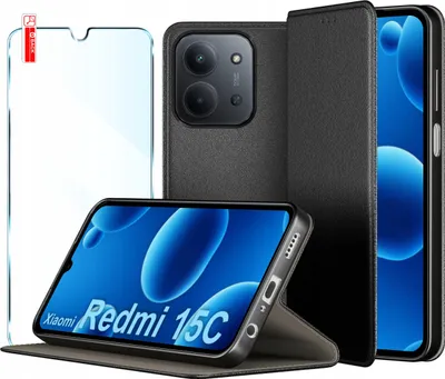 Zdjęcie produktu dla Etui Skórzane Zamykane Czarne MAGNETYCZNE CASE do Xiaomi Redmi 15C 5G SZKŁO