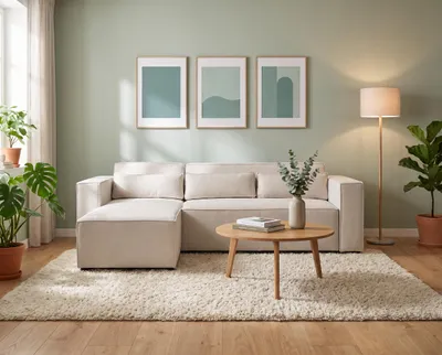 Produktbild von Ecksofa CASTEL L-Form Wohnzimmer Sofa mit Schlaffunktion Bettkasten Kord Lino Beige Links, KI-generiertes Bild