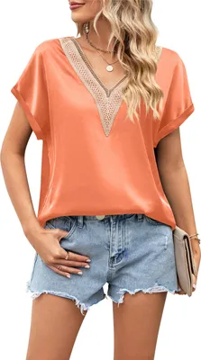 Produktbild von ASKSA Damen T-Shirt Sommer Satin Spitze V-Ausschnitt Oberteile Elegant Casual Bluse Tops, Orange, Groesse: XL
