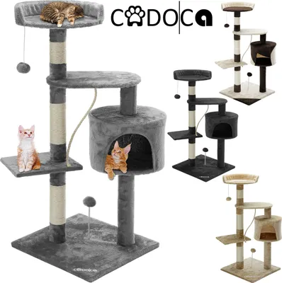 Image de CADOCA® Arbre à Chat Beige-Brun 112 cm tour poteaux en sisal à gratter 3 plateformes panoramiques grotte balles de jeu