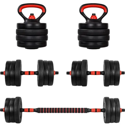 Produktbild von MOVIT 6in1 Hantelset 20 kg Rot XXL Profi Hantelset 2 Hanteln, Kettlebell, Liegestützgriffe, verstellbare lange Stange mit Gewichten