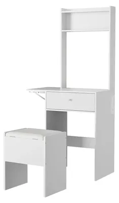 Image de Coiffeuse - Coiffeuse-coiffeuse - Miroir LED avec éclairage - Prise intégrée - Tabouret rembourré - Support pour sèche-cheveux - 1 tiroir - Bois