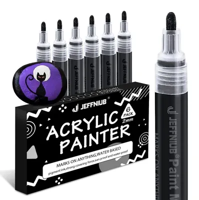 Zdjęcie produktu dla Markery akrylowe, czarne, z grubą końcówką (2-3 mm), zestaw 6 sztuk. Wodoodporne, przeznaczone do użytku na drewno, metal, szkło, tkaniny i kamienie
