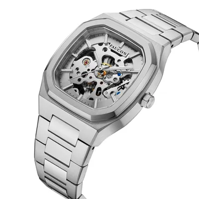 Produktbild von Faucon Octagon in silber Herren Automatik Skelett Armbanduhr, Edelstahl Uhr Analog, Leuchtindizies, mechanisches Uhrwerk